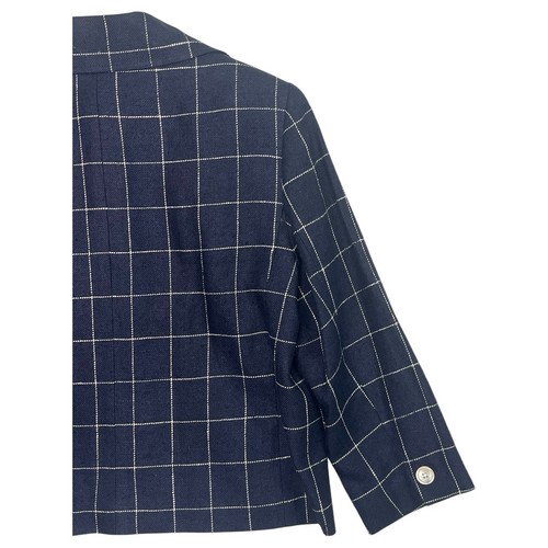 VTG Lauren Ralph Lauren Blazer Womens 12 Blue Silk Linen Windowpane 90s Y2K - Afbeelding 9 van 10