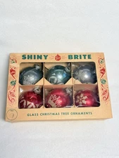 6 Vintage Glass Shiny Brite Stenciled 2.5" Christmas Ornaments in Original Box