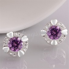 925 Sterling Silver Tarnish-Resist 4-Heart Round Crystal Stud Post Earrings E874