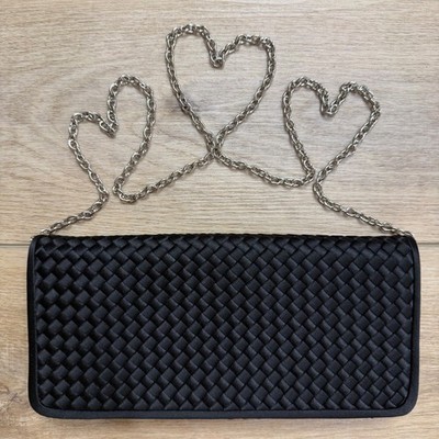 Sondra Roberts Black Woven Satin Evening Clutch Bag Silver Chain Strap Formal