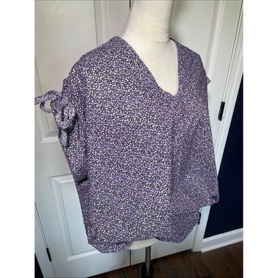 New Handmade V-Neck Purple Printed Tie-Sleeve Bubble Blouse Elastic Waist