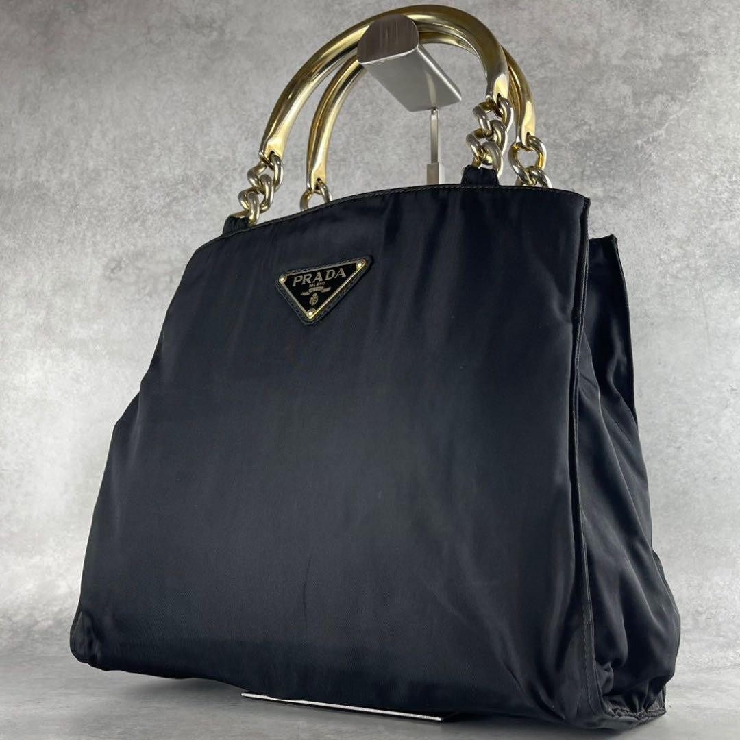 PRADA Black Gold Nylon Tote Bag with Triangle Logo PCJ433