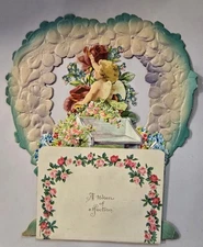 1920s German Stand Up 3 Dimension Die Cut Embossed Cherub/Putti Valentine Card