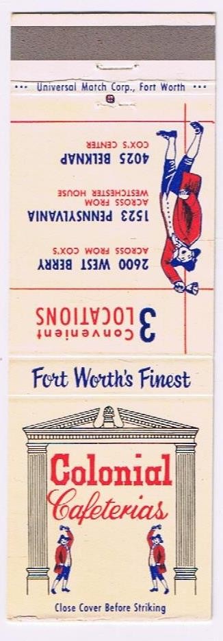 Matchbook Cover Colonial Cafeterias Fort Worth Texas