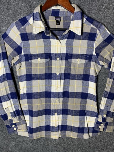 Patagonia Fjord Flannel Shirt Womens Size 4 L/S Organic Cotton Blue White - 第 1/16 張圖片