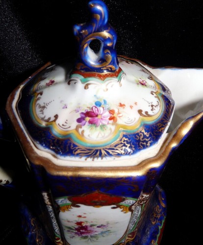 STUNNING Antique Hand Painted CHOCOLATE POT Cobalt Blue With Children Flowers - Picture 3 of 10