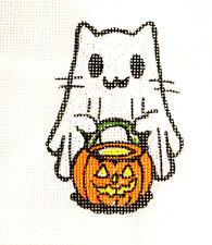 Halloween Ornament Needlepoint Canvas on 18 mesh Zweigart Handpainted Ghost Cat