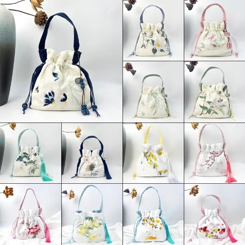 Women Ancient Style Flower Bag with Drawstring Bucket Bag Handbag Hanfu Bag - Picture 6 of 37
