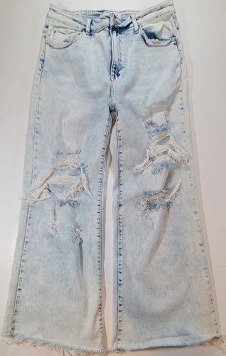 Womens Risen Jeans Wide Leg Size 1X Acid Wash High Rise Torn Raw Hem Stretch - Picture 4 of 8