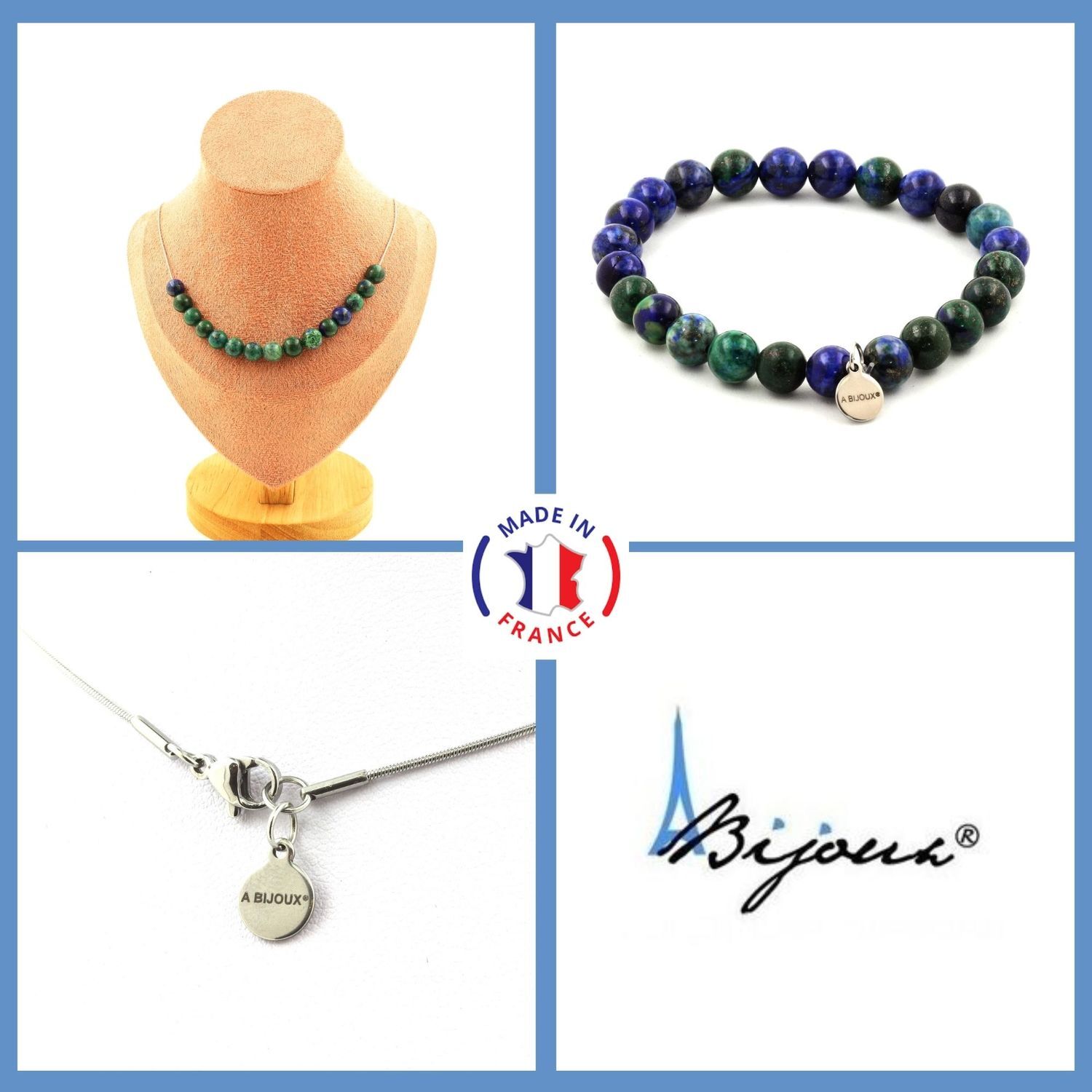 Parure bijoux en chrysocolle et azurite collier et bracelet 15 perles lithothérapie