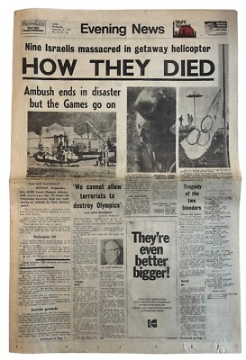 Munich Olympic Terror Attack Original Newspaper Sep 6 1972 Evening  News