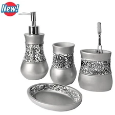 4Pcs Mosaic Glass Silver Bathroom Accessories Set for Home, Bath Restroom Decor