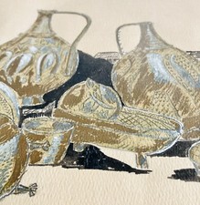 Pintura Guache Rumana Años 60 16x20" Tesoro Años 1700 Jarrones de Oro Antiguo Arqueología