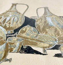 60s Romanian Guache Painting 16x20" Treasure 1700s Ancient Gold Vases Archeology