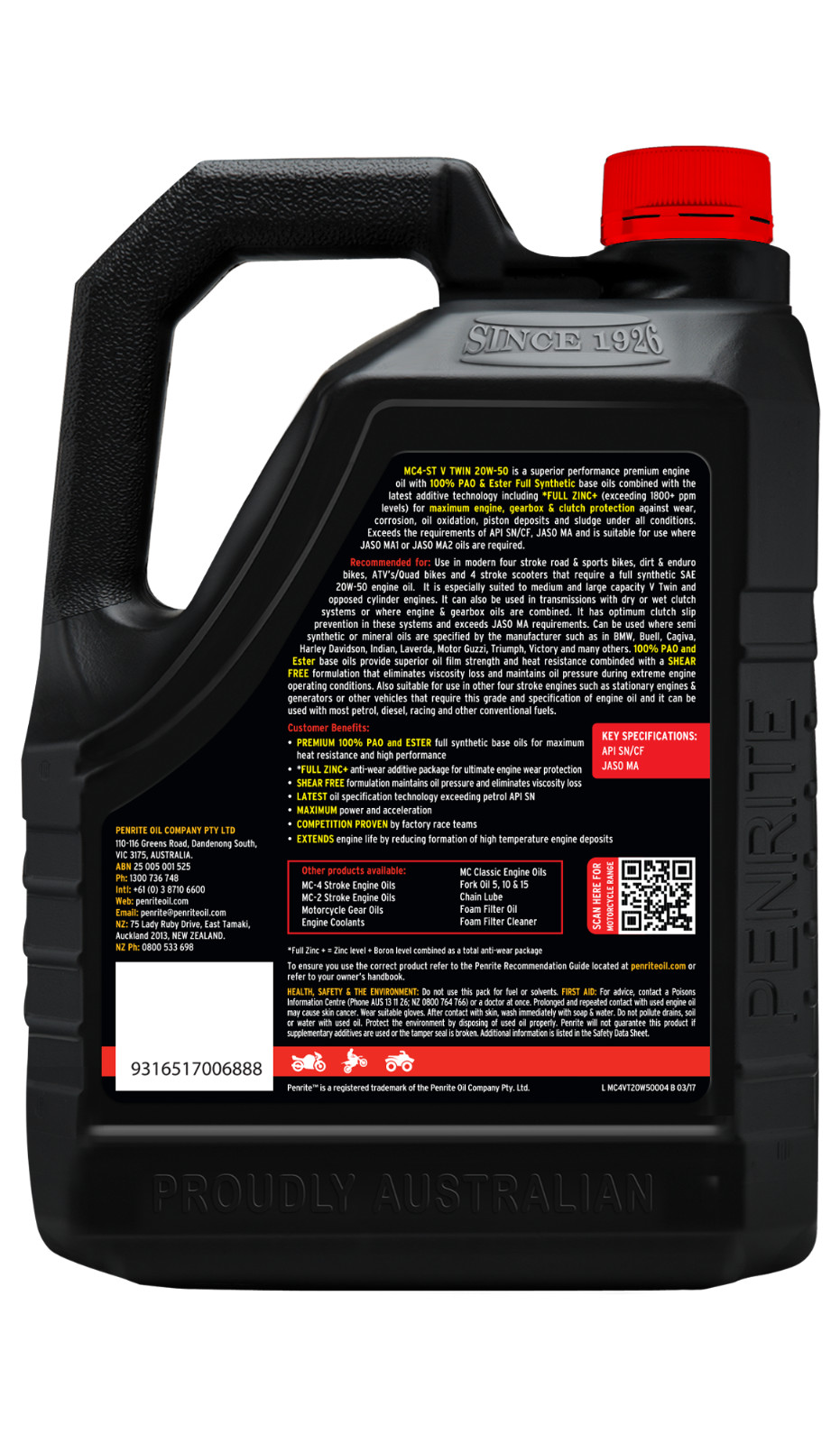 Penrite MC-4ST V Twin 20W-50 100% Pao & Ester 4L - MC4VT20W50004 — image 2