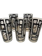 Mid-Century Tall Glass Tumblers Black and Gold Atomic Starburst Set of 5