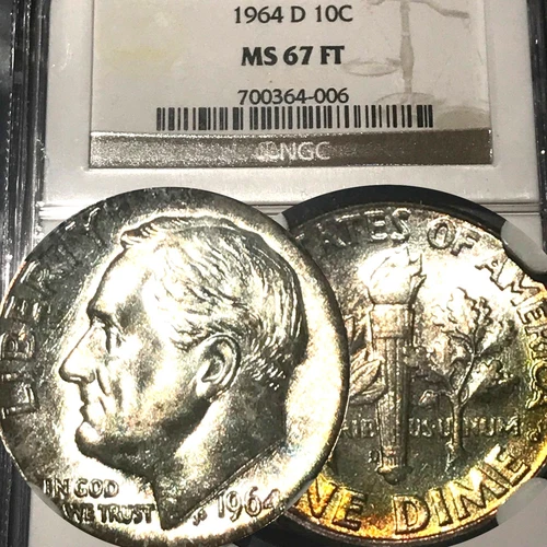 1964 D ROOSEVELT DIME NGC MS67  FT FB FULL TORCH BAND  NGC PRICE $700!  #T115