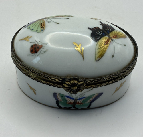 Porcelain Hinged Trinket Box Decorated Butterflies And Ladybirds - Foto 10 di 12