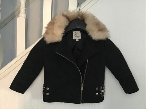 RIVER ISLAND MINI 3-4 YEARS BLACK FAUX SUEDE BIKER JACKET DETACHABLE FUR HOOD - Picture 10 of 10