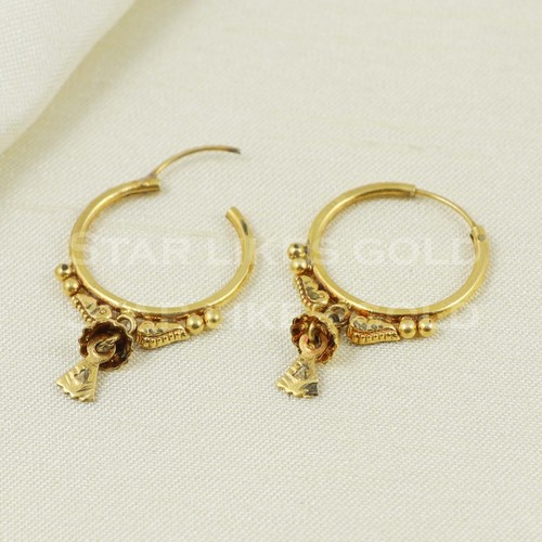 18K round dangling Gold hoop Earrings 18K Real Gold Earrings Bali - Picture 2 of 6