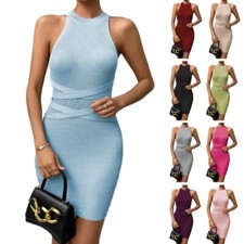 Ribbed Short Dress O-neck Bodycon Cloth Solid Color Sleeveless Crewneck Dresses