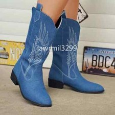 Women's Pointed Toe Cowgirl Cowboy Boots Ladies Mid Wide Calf Western Shoes UK