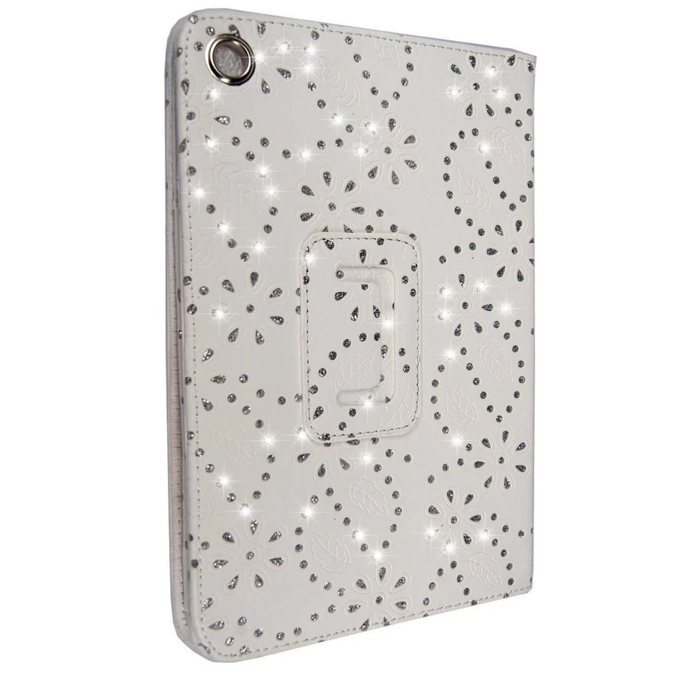 CASE FOR APPLE IPAD MINI WHITE DIAMOND BLING GLITTER PRINT PU LEATHER COVER  - Image 2 of 4