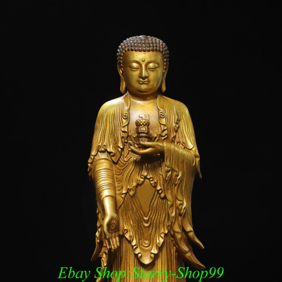 Estatua de Buda Shakyamuni Sakyamuni Amitabha 8,2" Antiguo Budismo Tíbet Bronce Dorado Foto 2 de 4