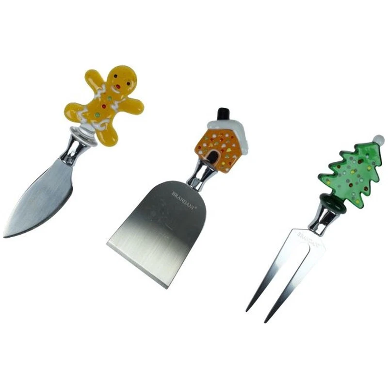 Set 3 Coltelli Formaggio Natalizi BRANDANI Christmas Vetro Inox Pan di Zenzero