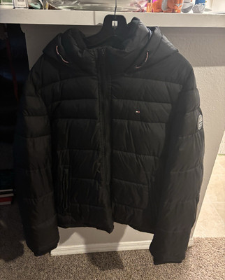 Tommy Hilfiger Men's Black Hooded Puffer Jacket Zip Closure Logo Size M