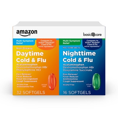 Amazon Basic Care Cold and Flu Relief, Daytime 48 Count (Pack of 1)