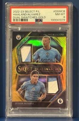2022-23 Select P/L Erling Haaland Julian Alvarez RC Dual Swatches GOLD /10 PSA 8