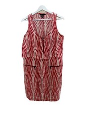 KENNETH COLE M Dress Red Fern Leaf Print Popover White Zipper Pockets Sleeveless