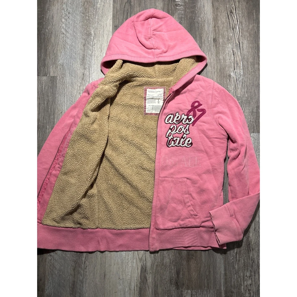 Винтажная розовая толстовка с капюшоном на молнии Y2K Aeropostale 87 с вышивкой шерпа с подкладкой женская - Изображение 4 из 4
