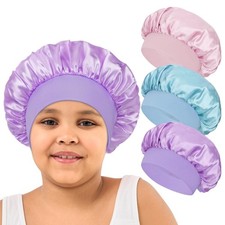 Kids Satin Hair Bonnet for Sleeping, 3 Pcs Wide Band Sleep Bonnet Hat Night C...