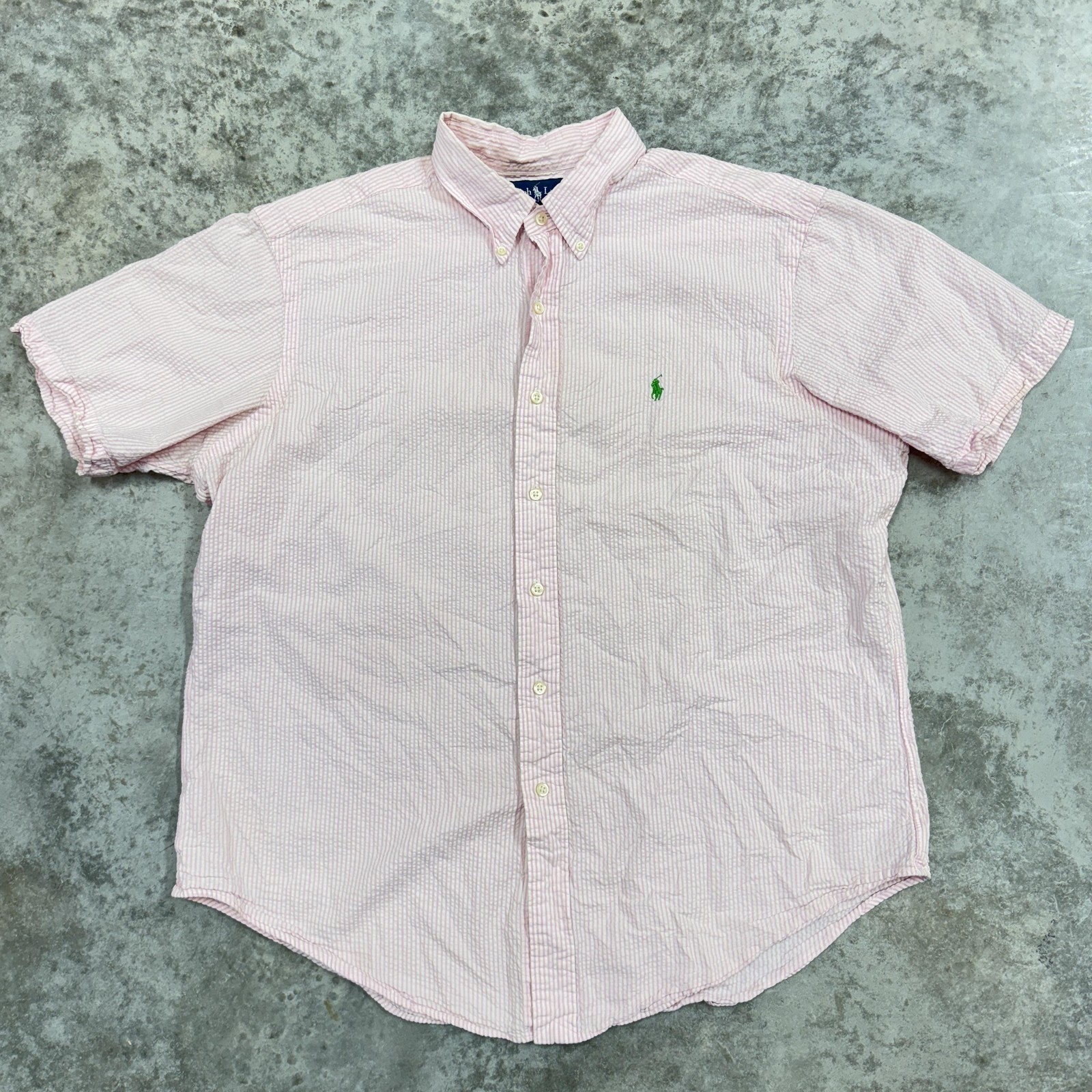 Ralph Lauren Shirt Mens Extra Large Pink White Striped Classic Fit Seersucker