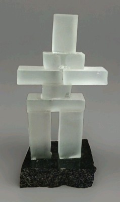 Frosted Glass Inukshuk Sculpture on Granite Indigenous Canadian Inuit Art