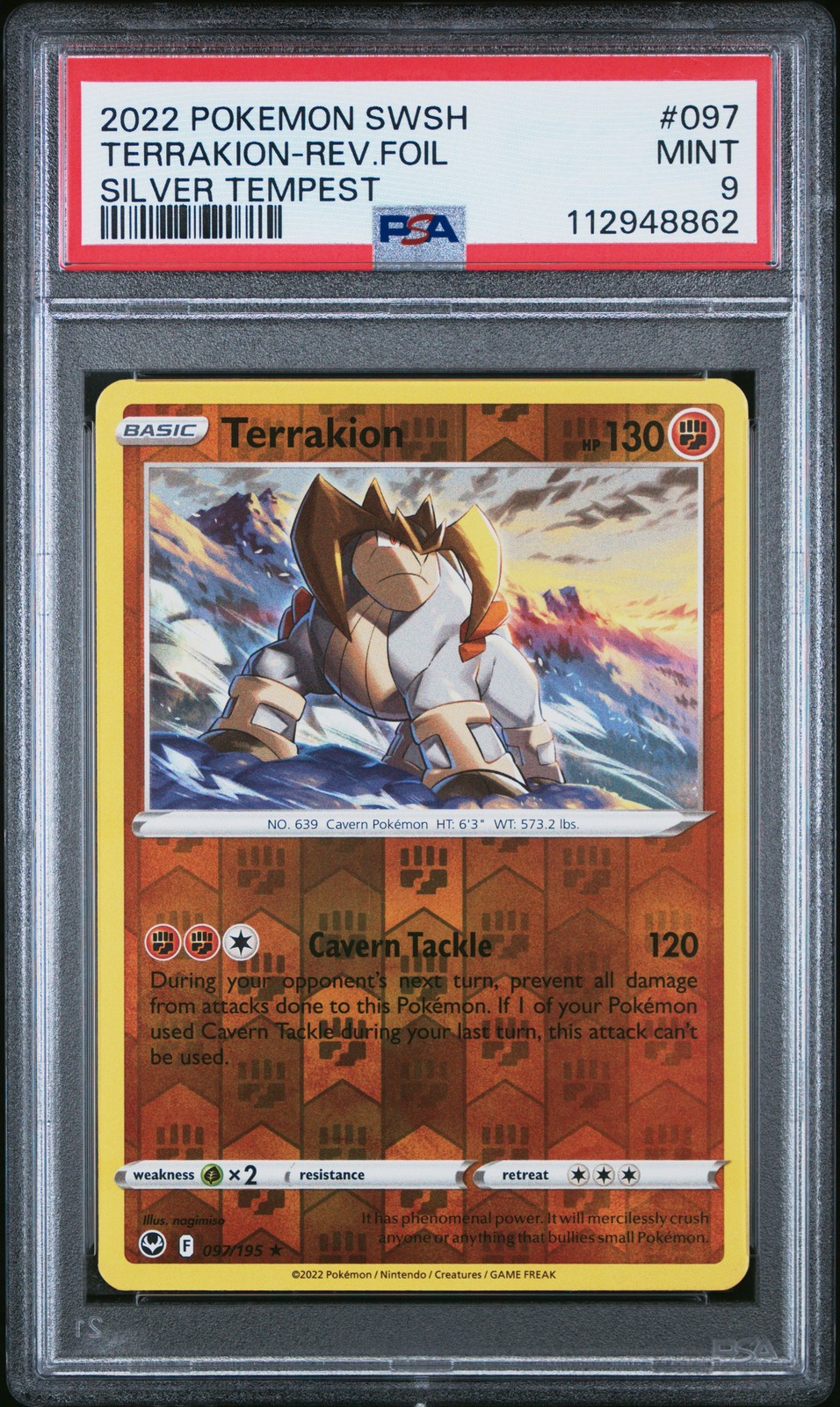 2022 POKEMON SWORD & SHIELD SILVER TEMPEST #097 TERRAKION-REVERSE FOIL PSA 9