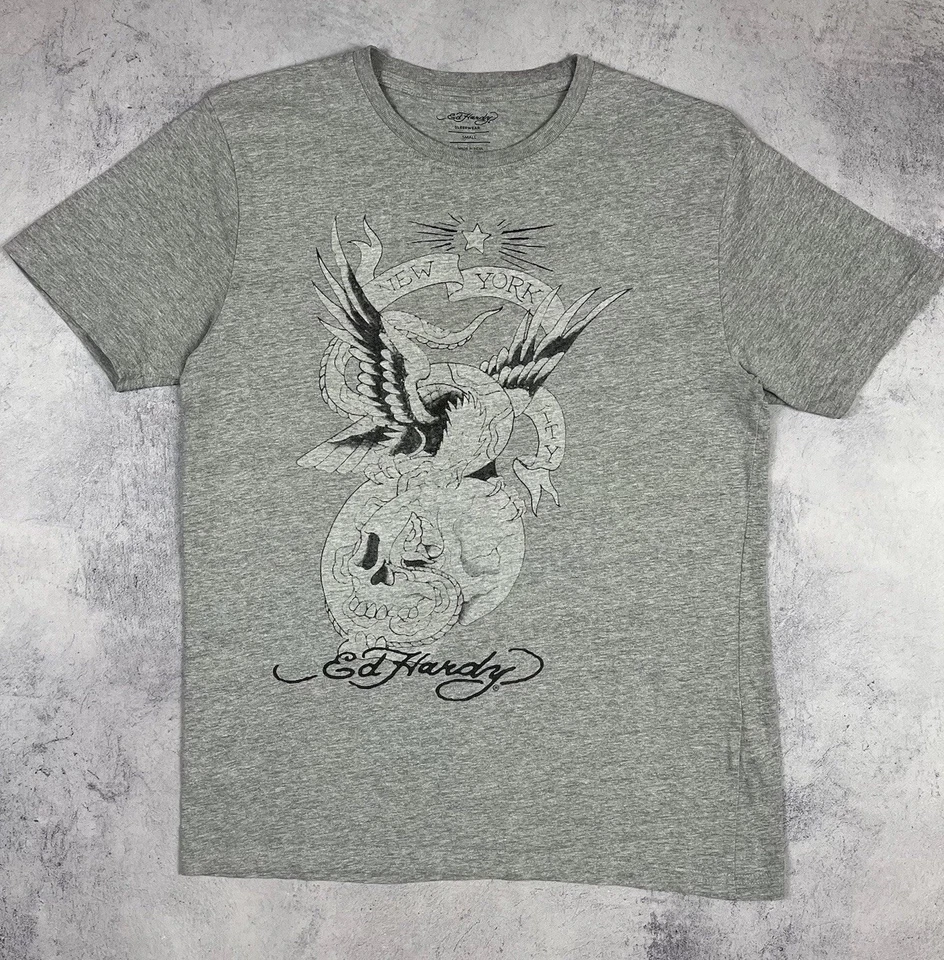Camiseta de manga corta vintage Ed Hardy Skulls Eagle Big Logo Y2K gris talla... - Imagen 2 de 4