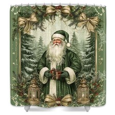 Vintage Christmas Shower Curtain Set with Santa Tree, Bathroom Decor