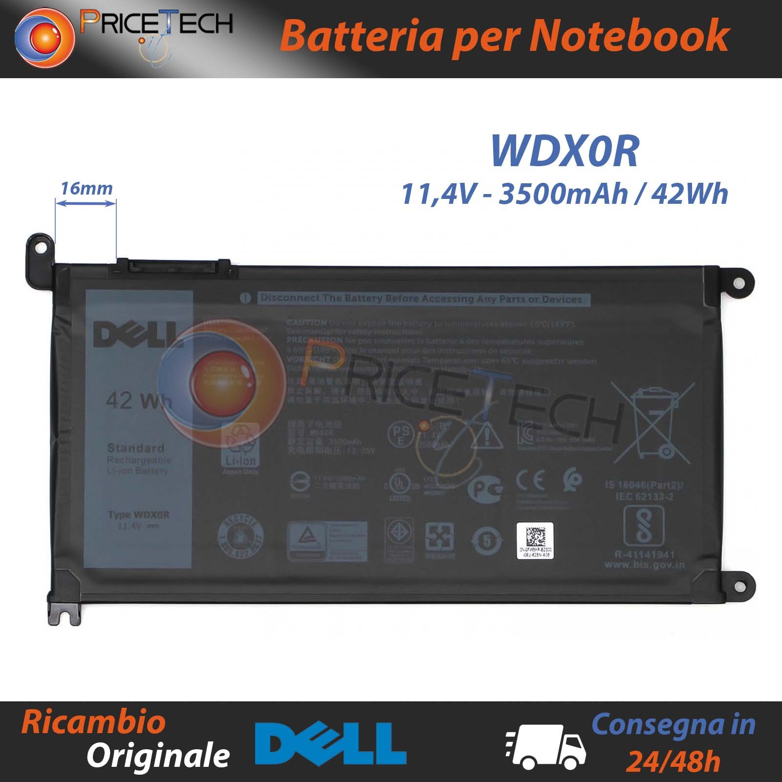 Batteria DELL Originale WDX0R 42Wh per Vostro 5468 5568 Inspiron 5767