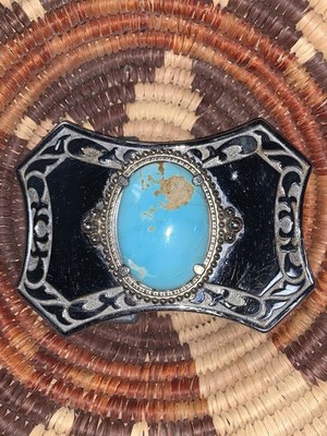 VTG SOUTHWEST STYLE MENS SCROLLING CHAMBER BELT BUCKLE FAUX TURQUOISE STONE