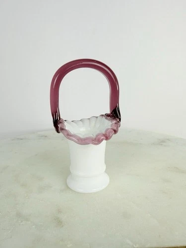 Fenton Glass #37 Miniature Milk Glass Plum Crest Basket Htf