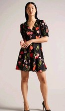 Ted Baker Womens Dress Red Flowers Black Sienno Mini Puff Sleeve Tea Dress 3185