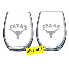 RFSJ Texas Longhorns Etched Satin Frost Logo Wine or Beverage Glass Set of 2