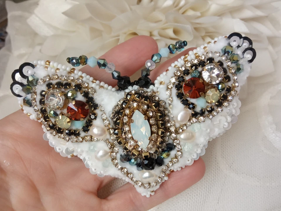 White moth pin Embroidered insect brooch Winter butterfly Christmas moth jewerly - Image 2 of 4