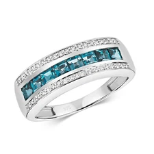 9ct White Gold London Blue Topaz and Diamond Band Ring, Sizes J to Q (454W)