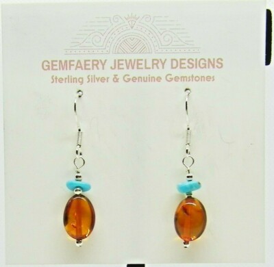 Sterling Silver Natural AMBER & Candelaria TURQUOISE Earrings...Handmade USA