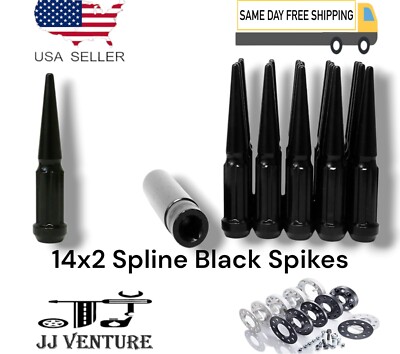 24-Piece Black M14x2 Spline Spike Lug Nuts + Key | 4.5" Tall, Cone Seat, Fits Ford F150, Navigator, Expedition