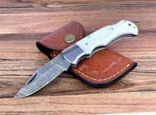 Handmade Damascus Steel Pocket Hunting knife Back Lock Folding Knife W/ Sheath